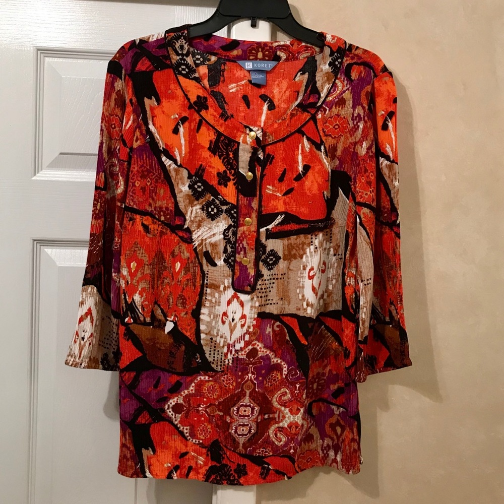 Koret Tunic Blouse Top 3/4 Sleeves Scoop Neck Sz L
